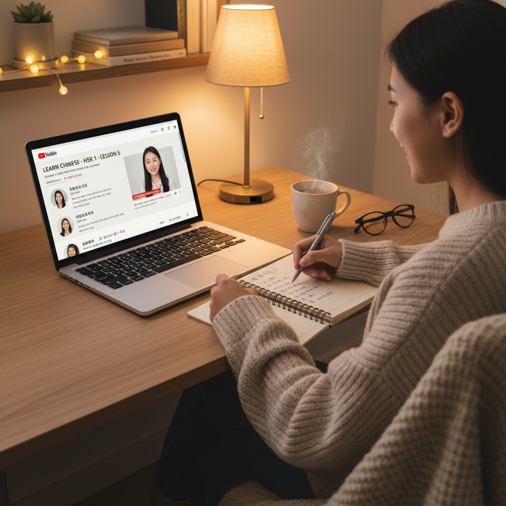 Person watching educational video content on a laptop screen in a comfortable study environment