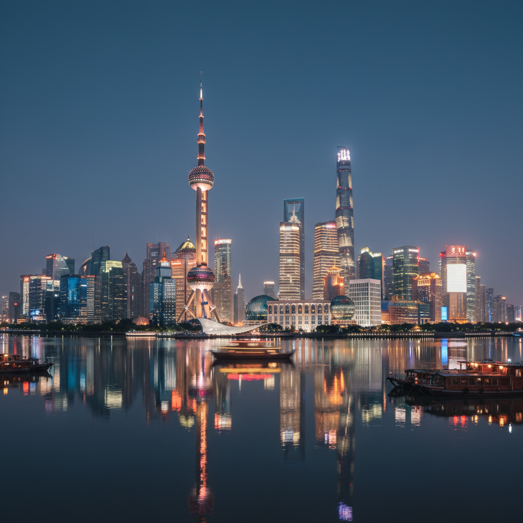 Shanghai Pudong skyline at night with the Oriental Pearl Tower reflecting on the Huangpu River