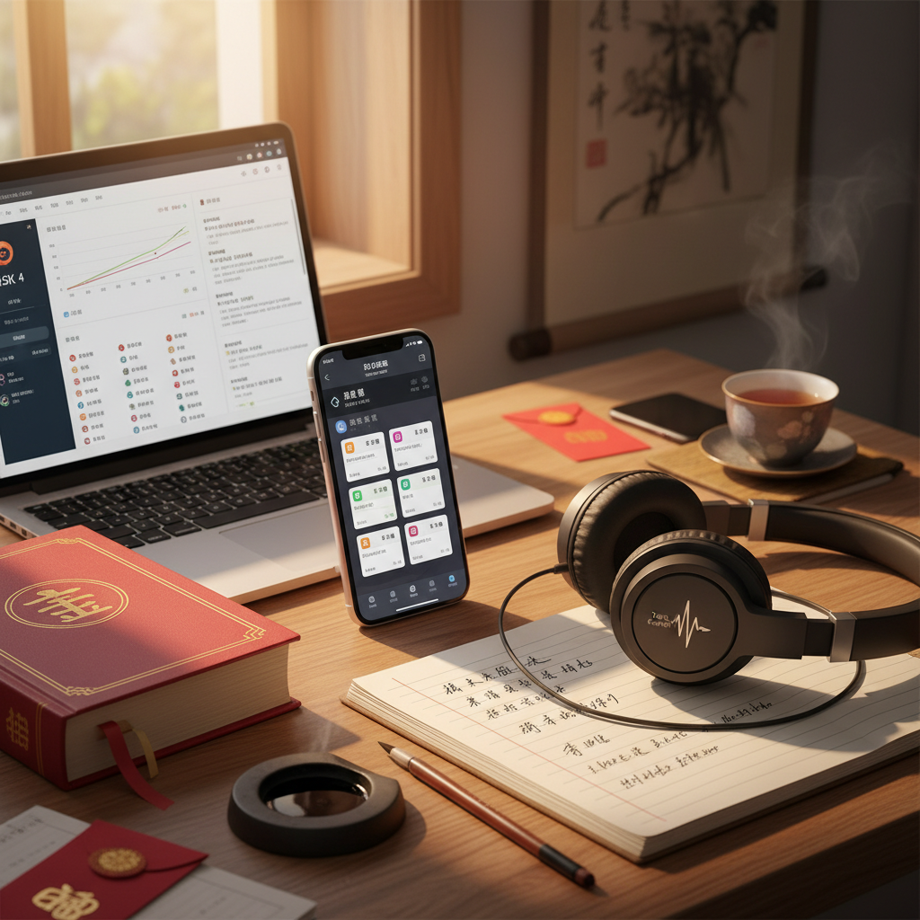 Essential Chinese learning tools arranged on a desk including flashcard app, dictionary, tone trainer, and notebook with characters