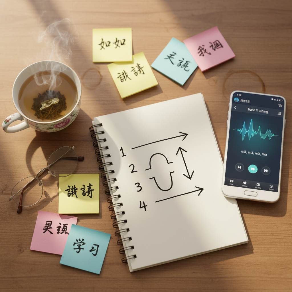 Hand-drawn diagram of the four Chinese tones with study materials on a desk