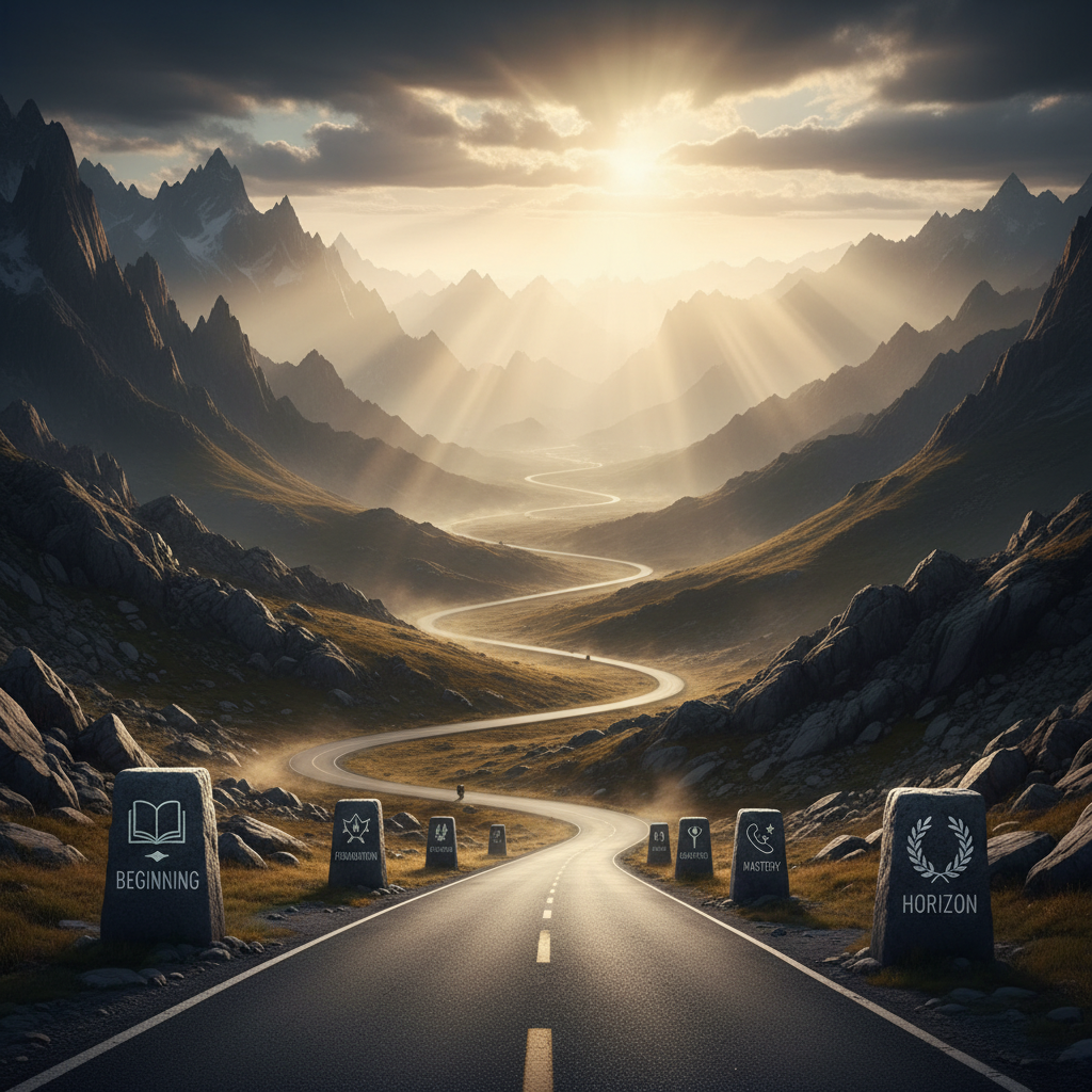 A winding road stretching into the distance symbolizing a learning journey ahead