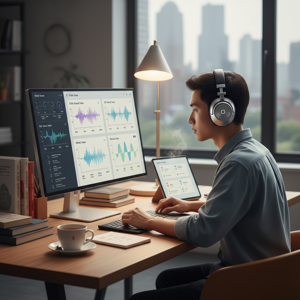 Person studying Chinese tones with headphones at a modern desk