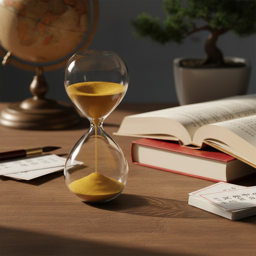 Hourglass on a desk beside study materials symbolizing the time investment in learning