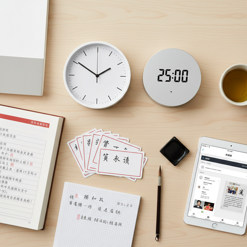 Clock and study materials on a desk showing time management for effective language study