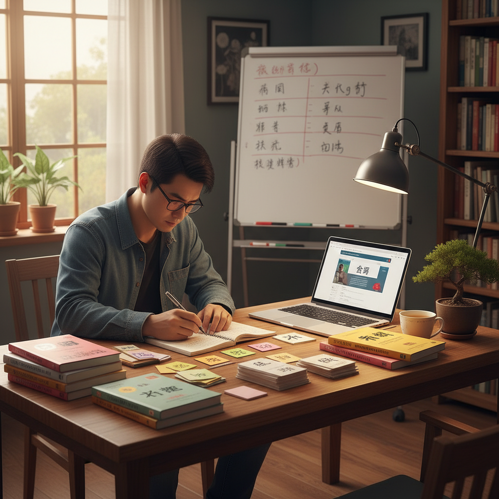 Independent learner at a personal workspace studying with determination and focus