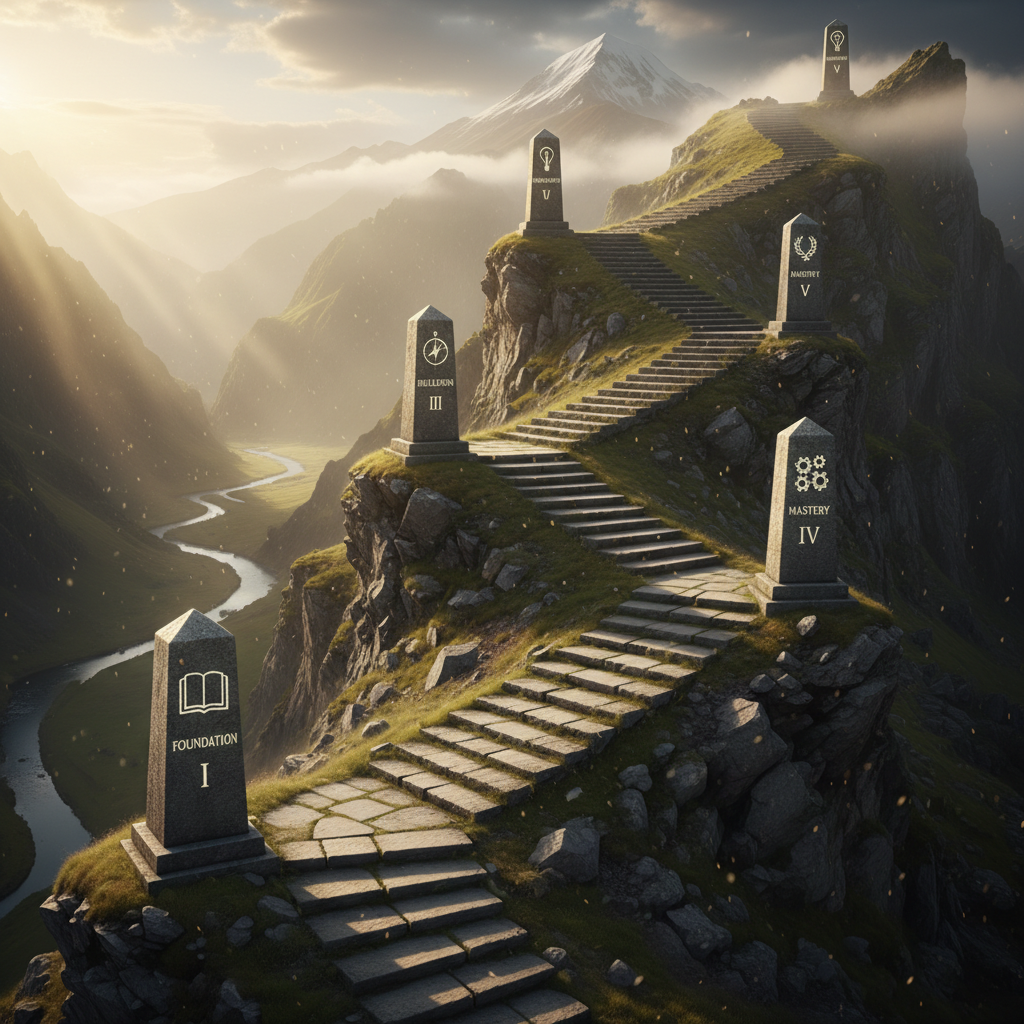 Ascending steps with markers indicating progress milestones