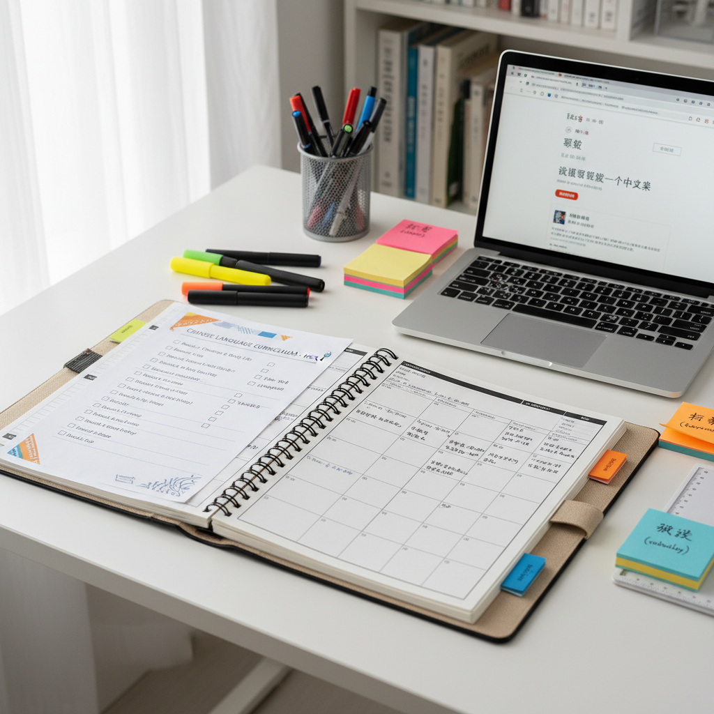 Well-organized study desk with a detailed planner, notebook, and laptop showing lesson content
