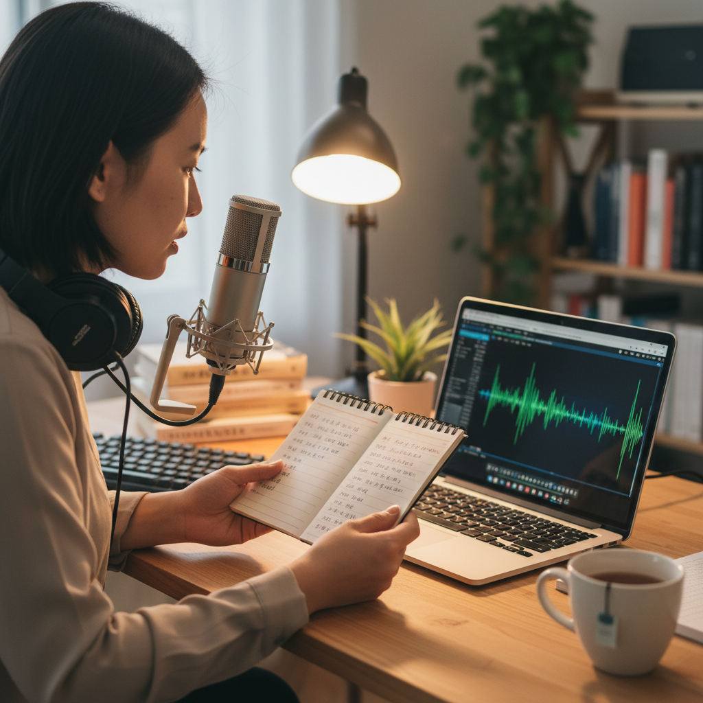 Person at a desk with a microphone and study materials for self-recording practice