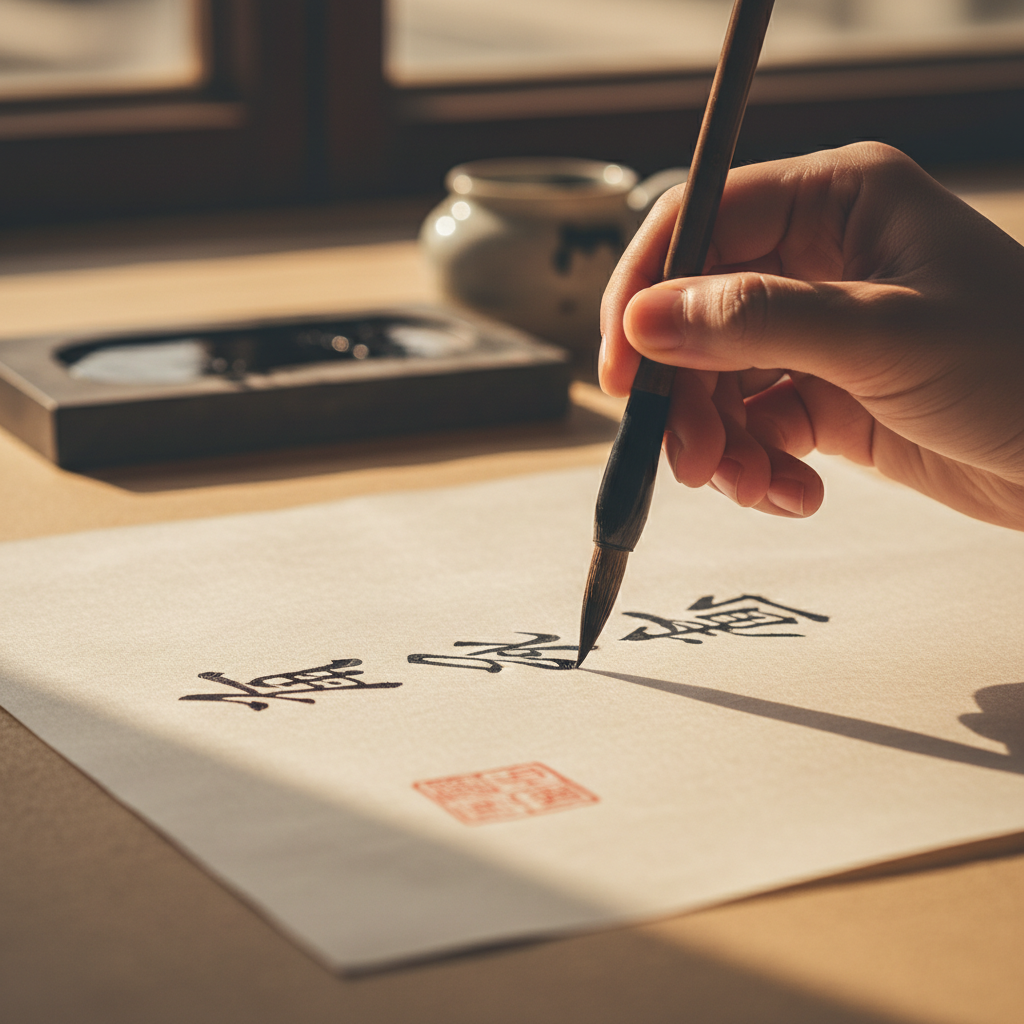 Hand writing Chinese calligraphy characters with a traditional brush on rice paper