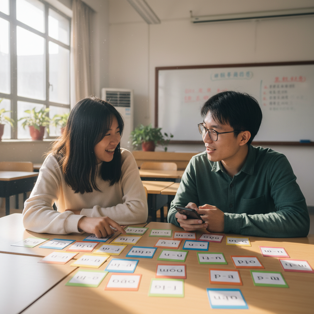 Students studying together at a table with focused expressions