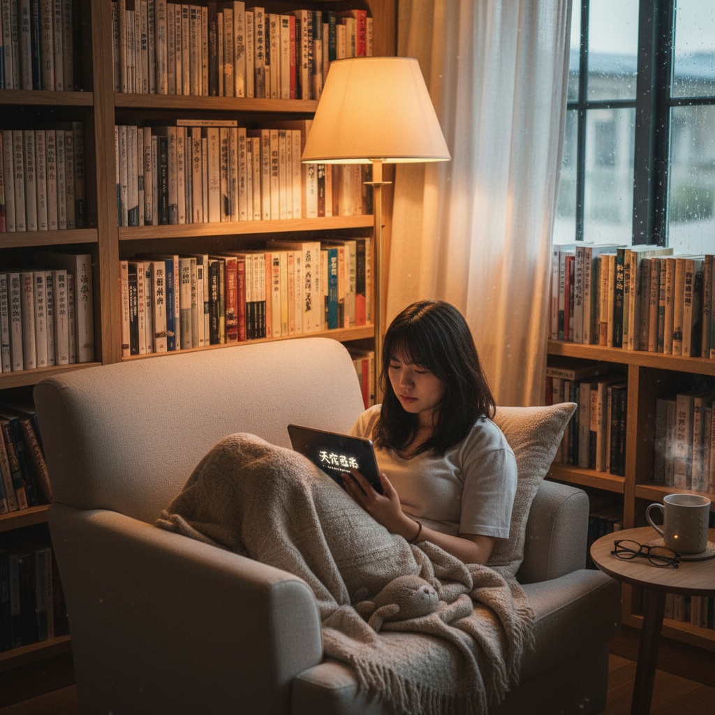Person reading on a tablet device in a cozy corner with warm lighting surrounded by books