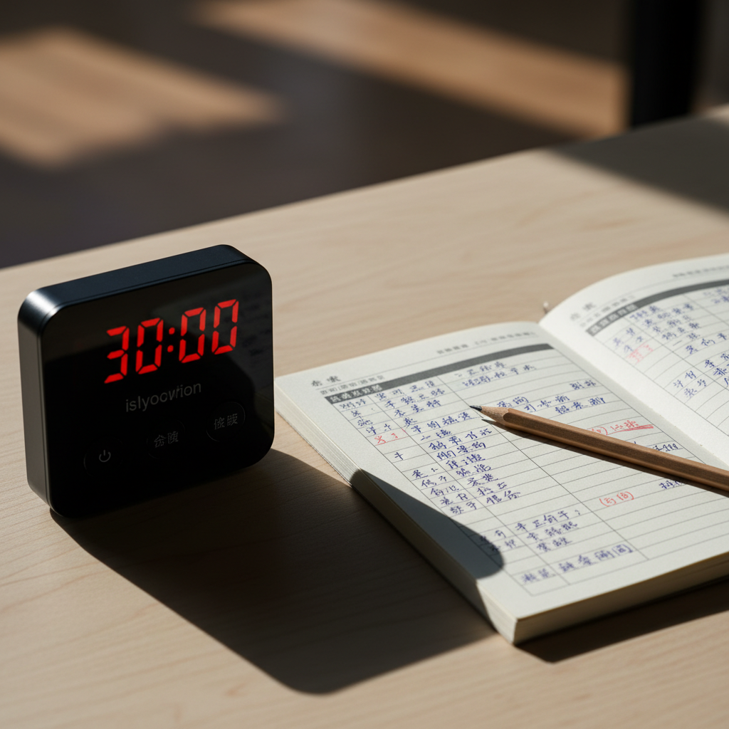 Timer and focused study setup showing efficient use of limited time for language learning