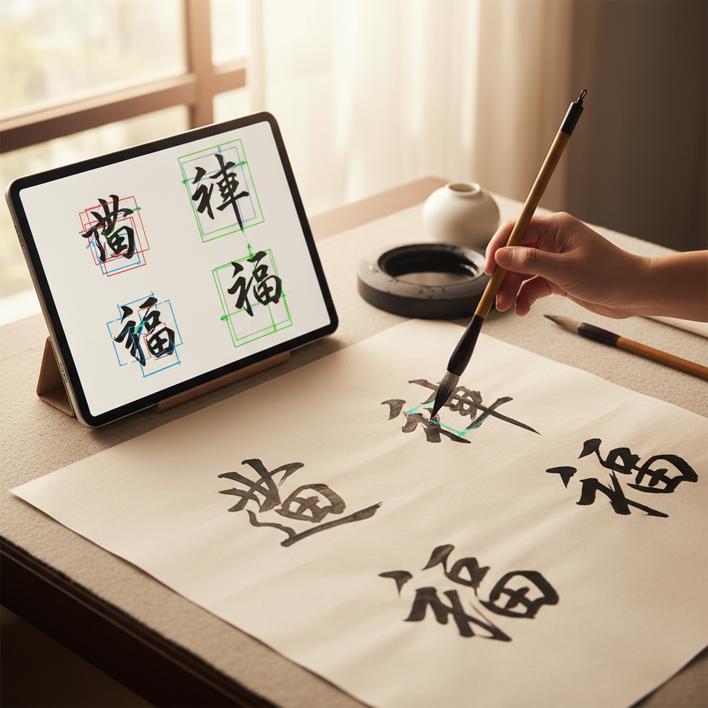 Close-up of Chinese calligraphy characters written with brush on rice paper