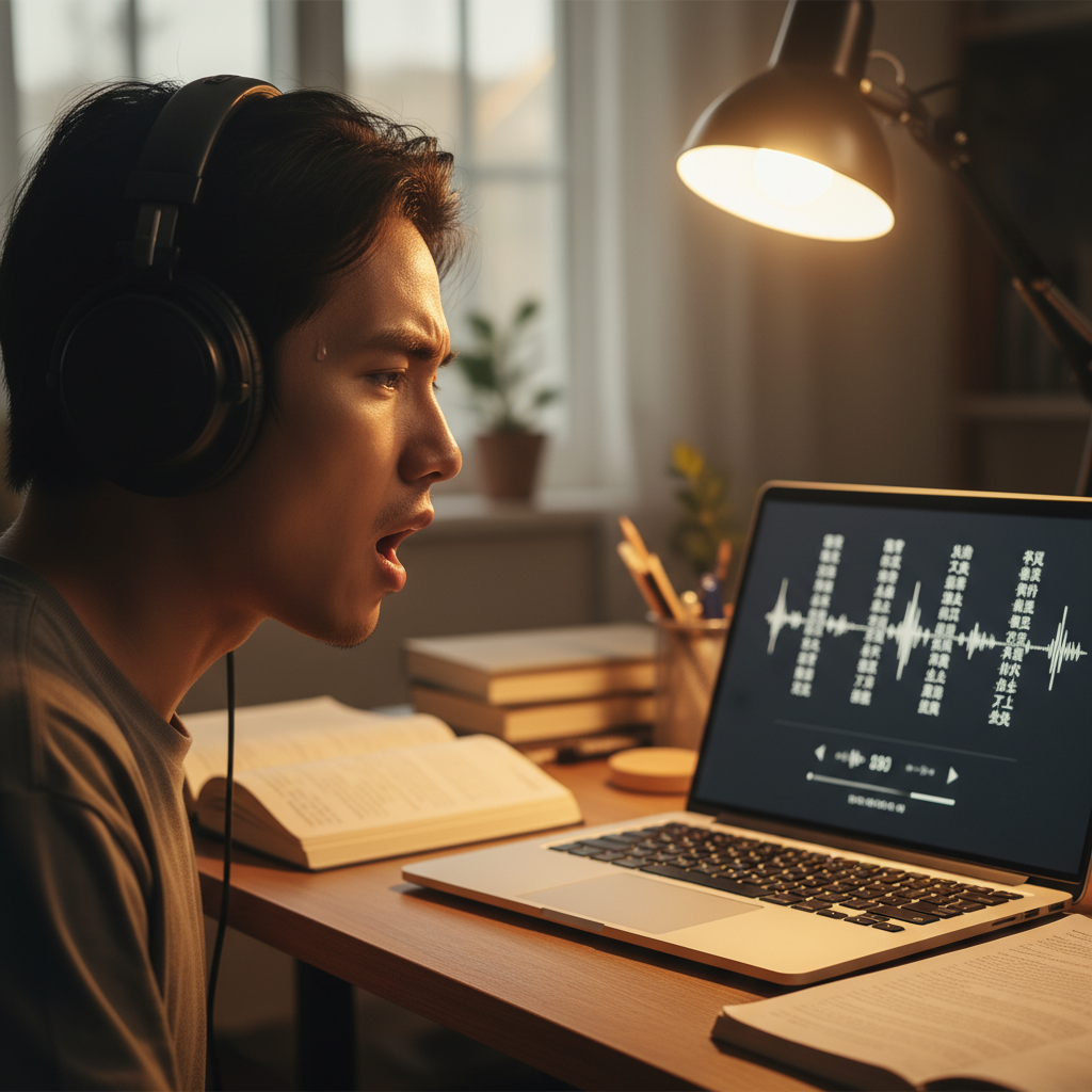 Person wearing headphones speaking along with audio while studying at a desk