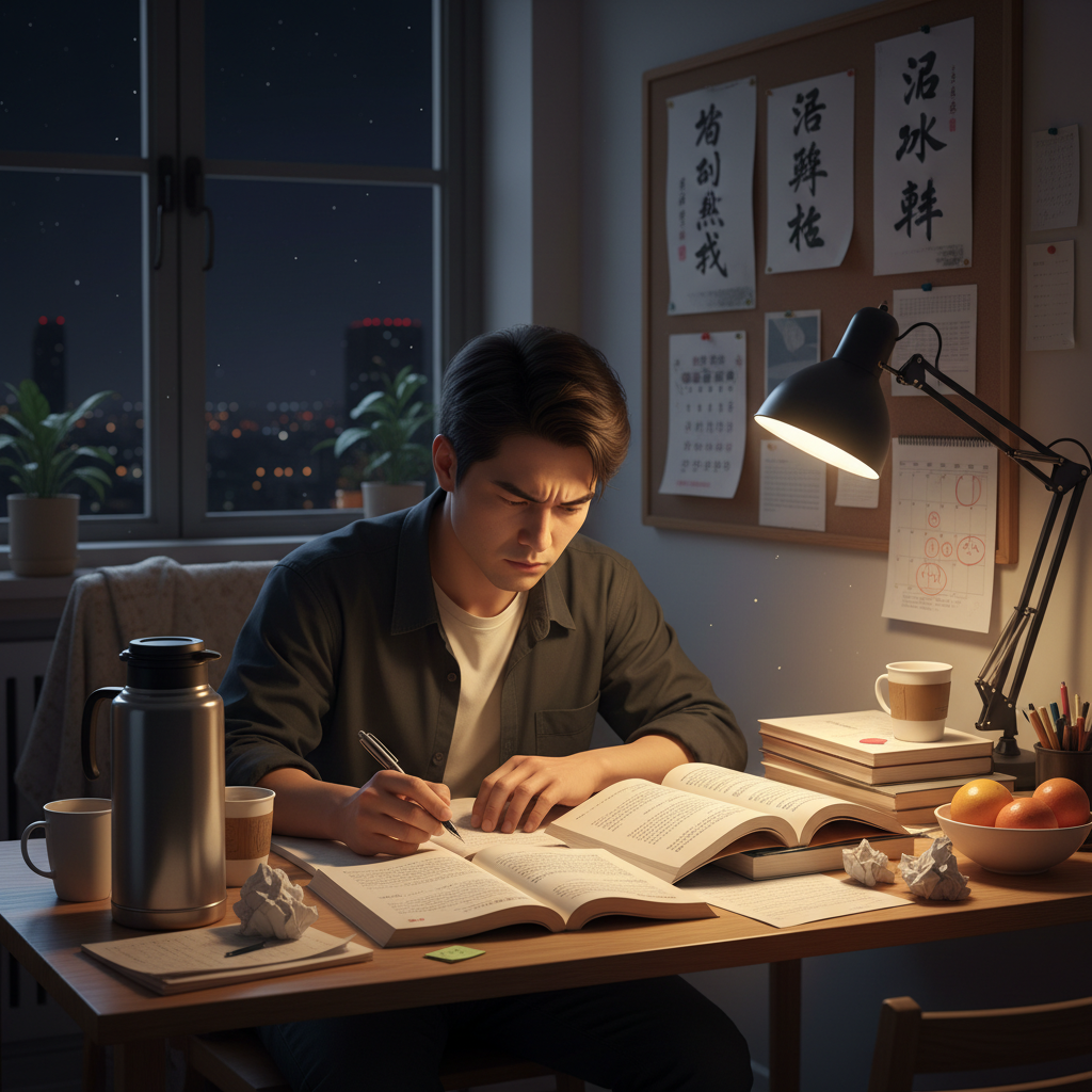 Person looking determined while studying at a desk with warm lighting