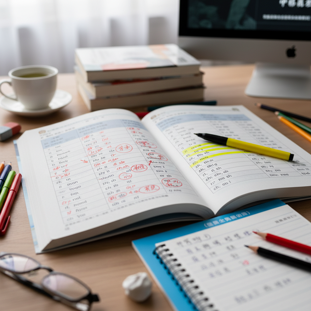 Close-up of Chinese learning materials with pinyin annotations visible