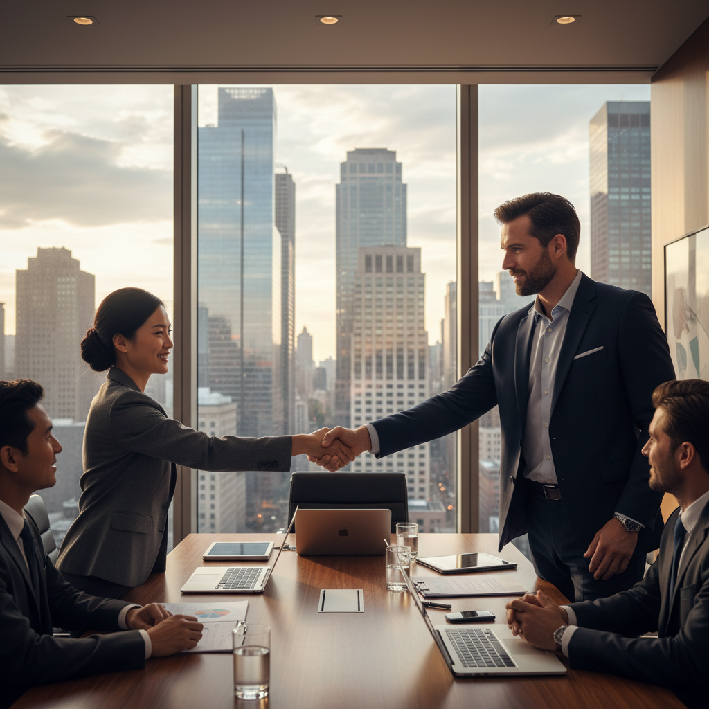 Professional business meeting setting with international colleagues in conversation