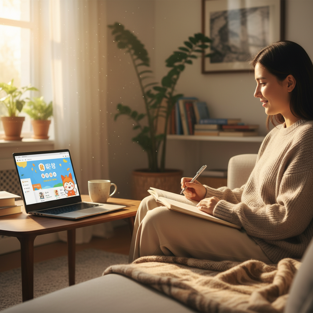 Person studying comfortably at home with a laptop and notebook in a cozy living room setting