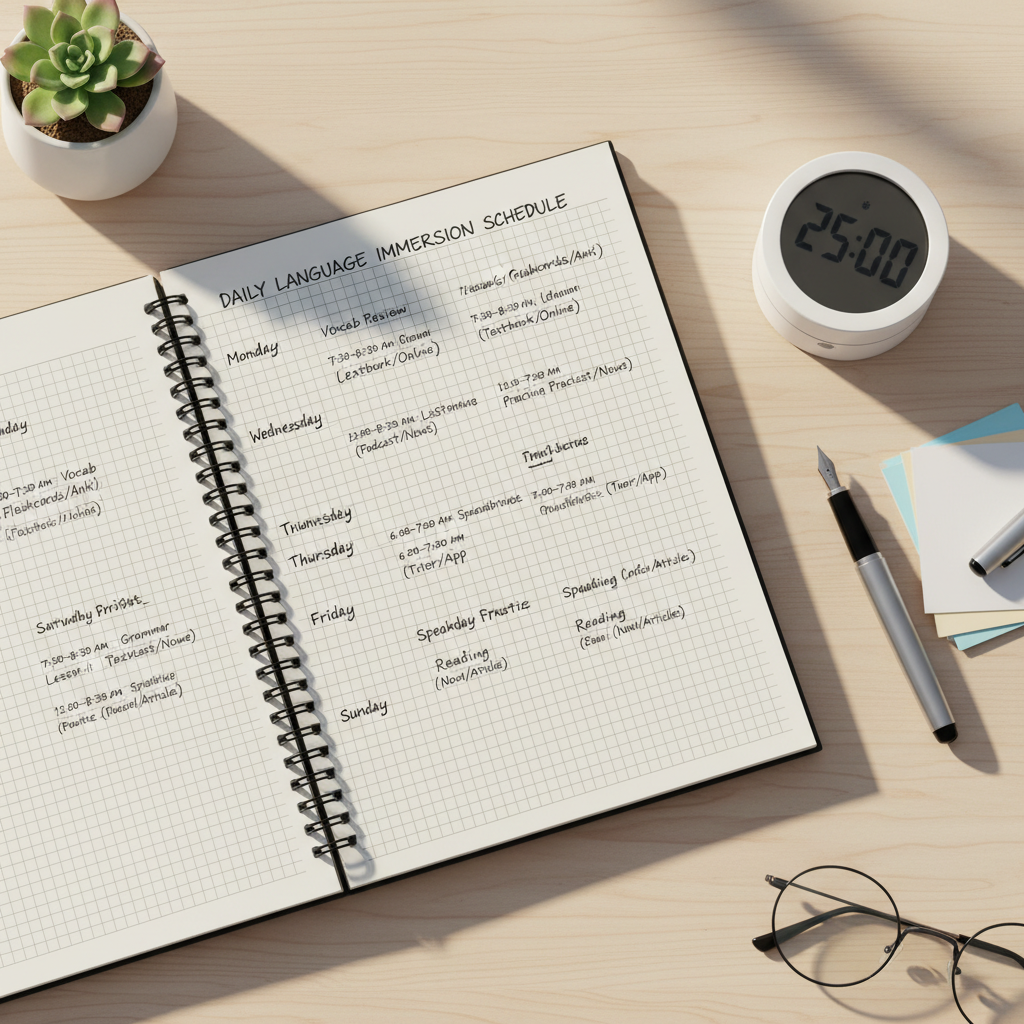 A notebook with a structured daily routine written out on a clean desk
