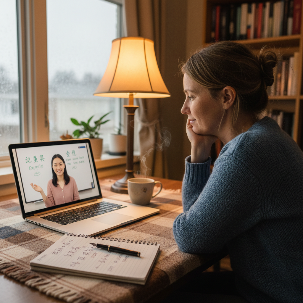 Person watching online video lessons on a laptop with notes and study materials spread out