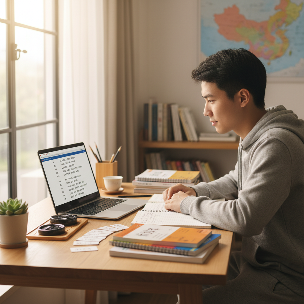 Student studying independently at a desk with organized learning materials