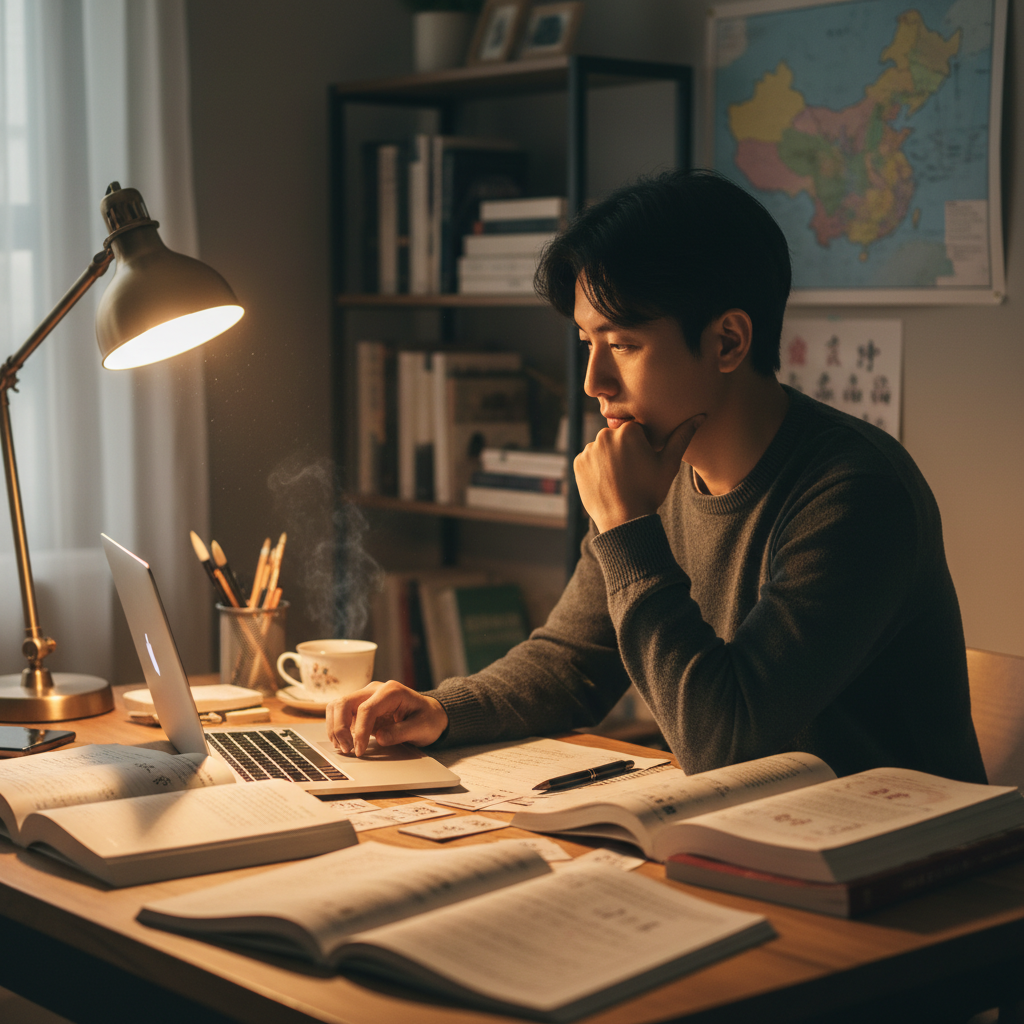 Person at a desk looking thoughtful while studying with a laptop and notes
