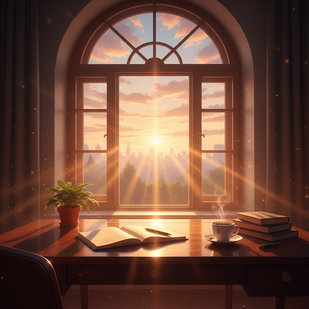 Early morning sunrise through a window next to a study desk with coffee