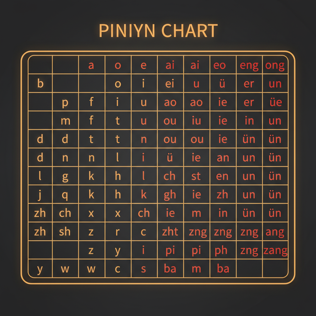 Mandarin Chinese pinyin chart showing initials and finals organized in a clean grid layout