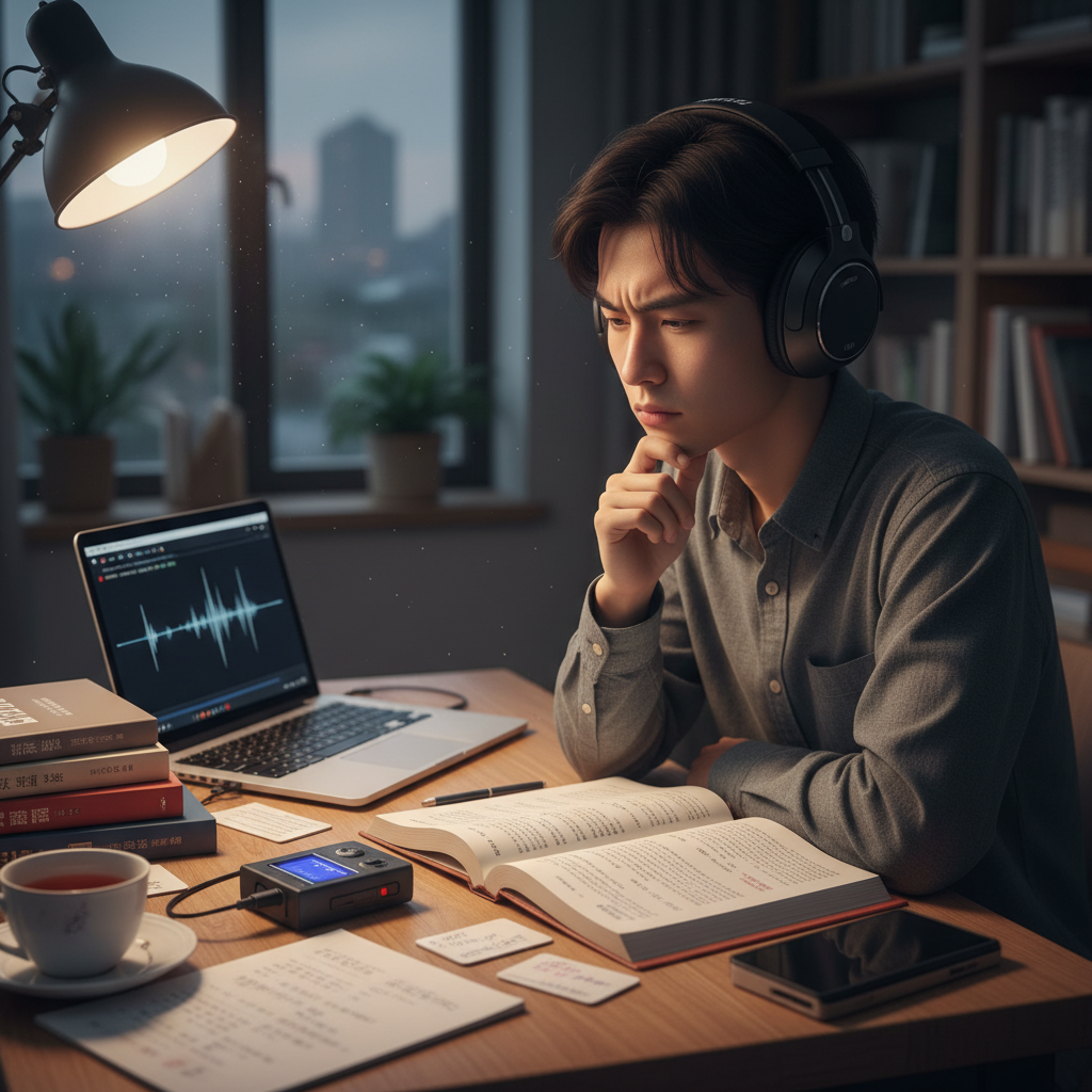 Person studying with a thoughtful expression surrounded by learning materials