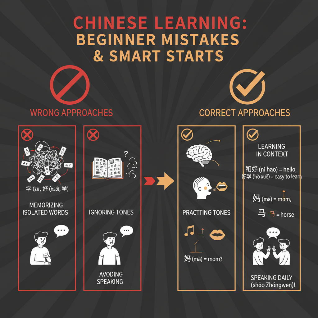 Infographic showing common beginner mistakes in Chinese learning with wrong approaches crossed out and correct approaches highlighted