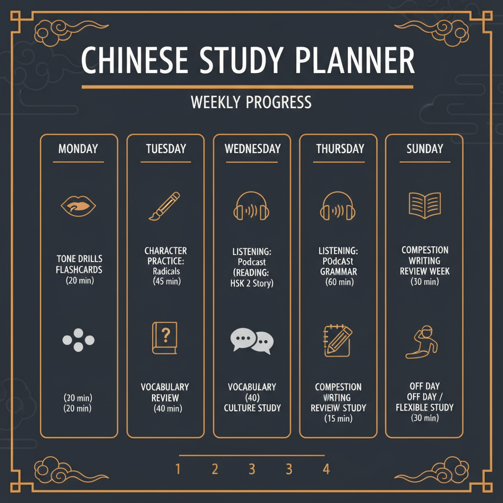 Weekly study planner for learning Chinese showing daily activities like tone drills, character practice, and conversation