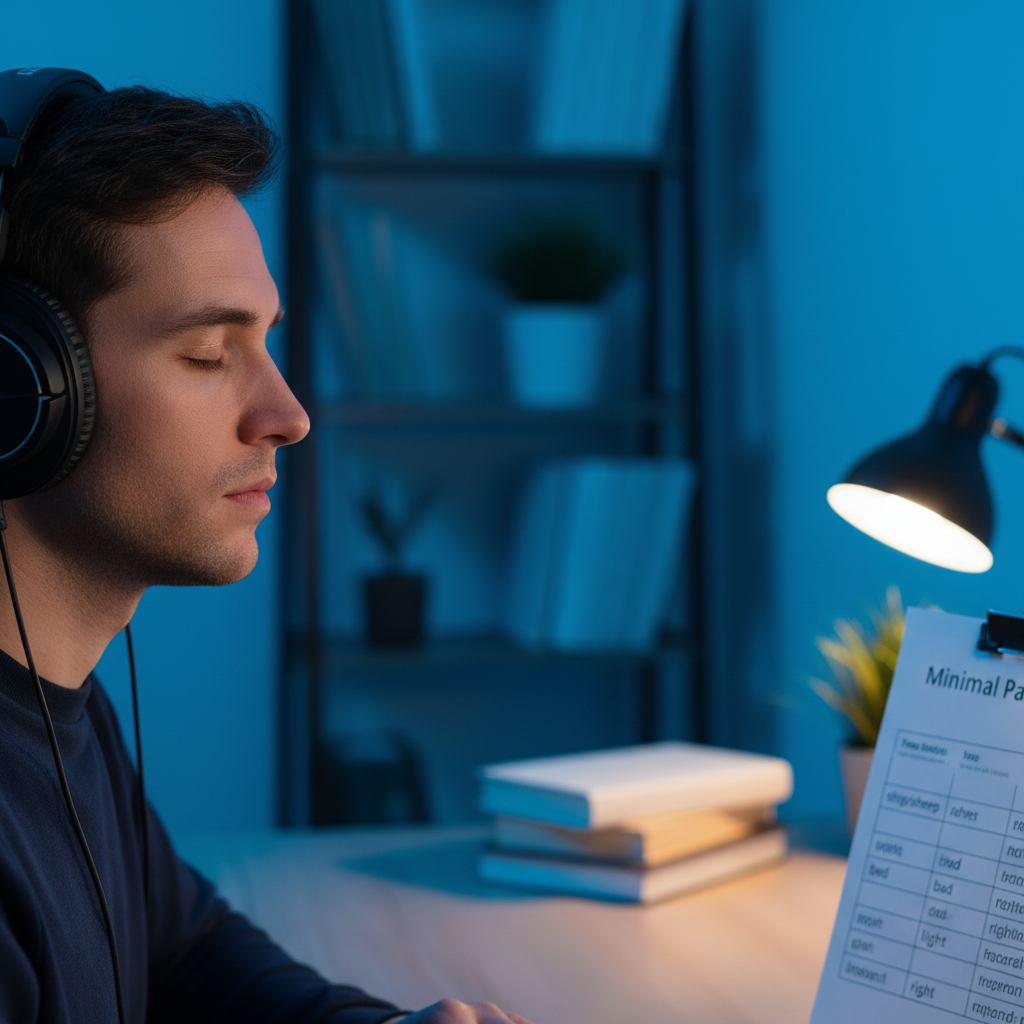 Person with headphones listening carefully in a quiet study environment