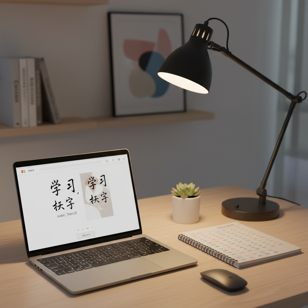 Student studying Chinese characters at a clean modern desk with a laptop