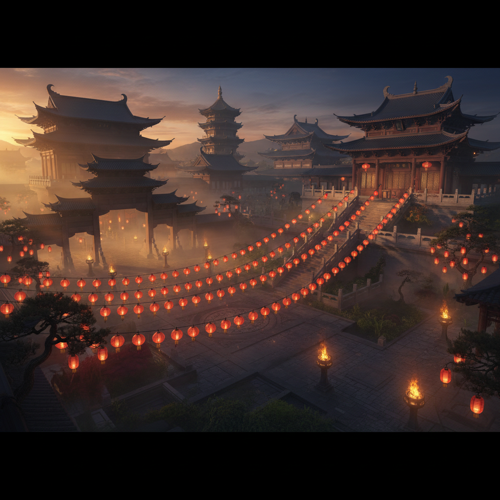 Traditional Chinese temple with glowing red lanterns at night