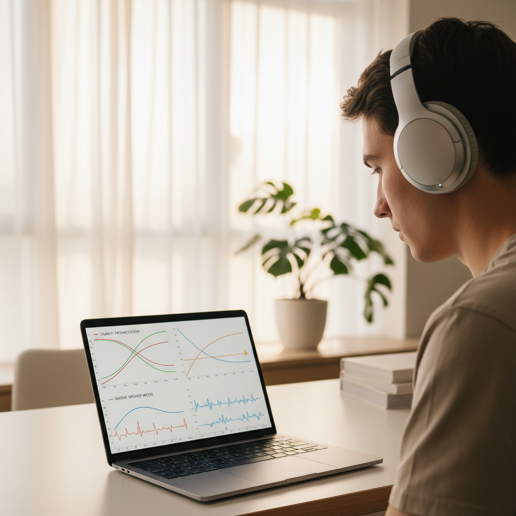 Person wearing headphones while studying and practicing pronunciation