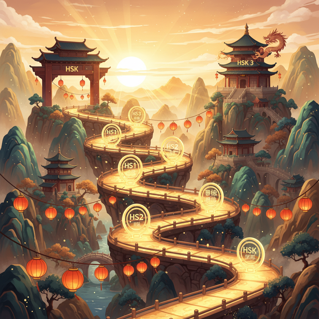 Illustrated roadmap showing the path from HSK 1 to HSK 3 with milestones along a winding path through Chinese landscape