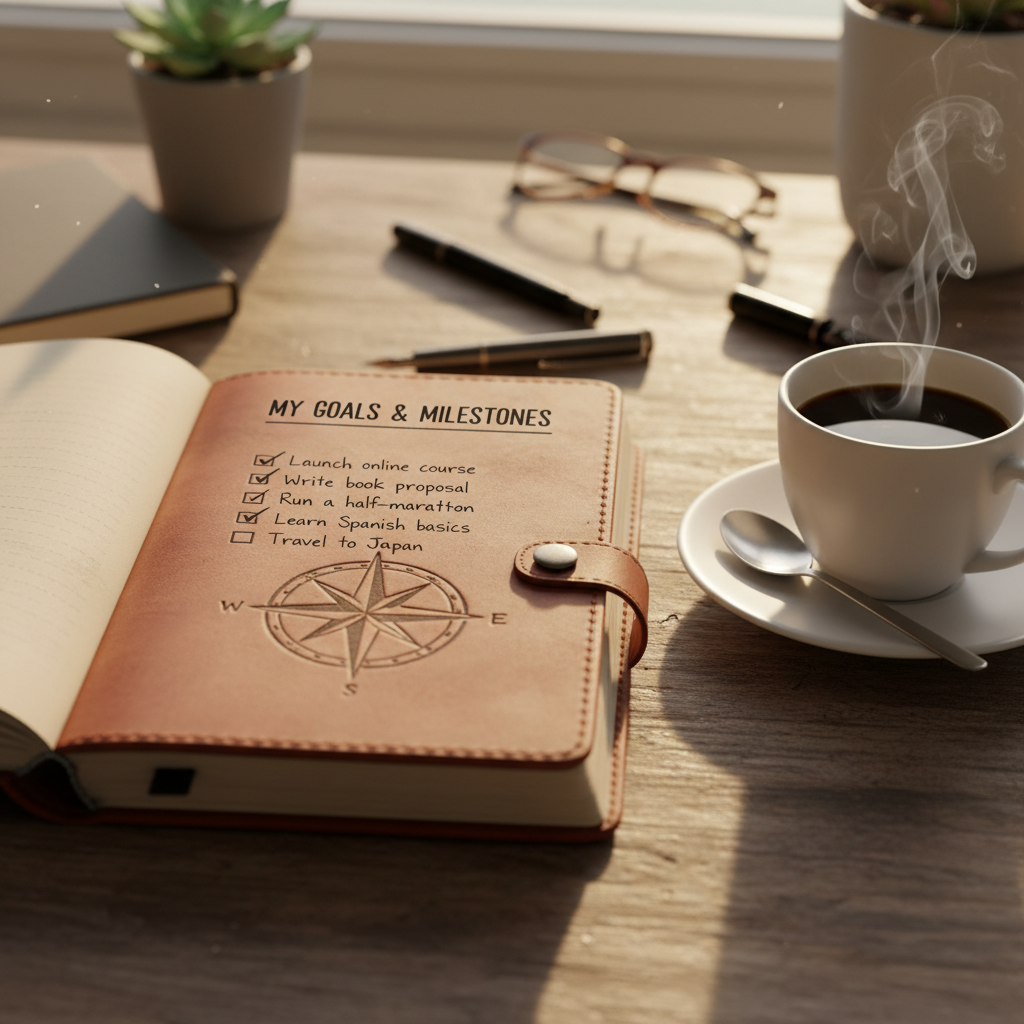 A journal with goals written down next to a cup of coffee on a clean desk