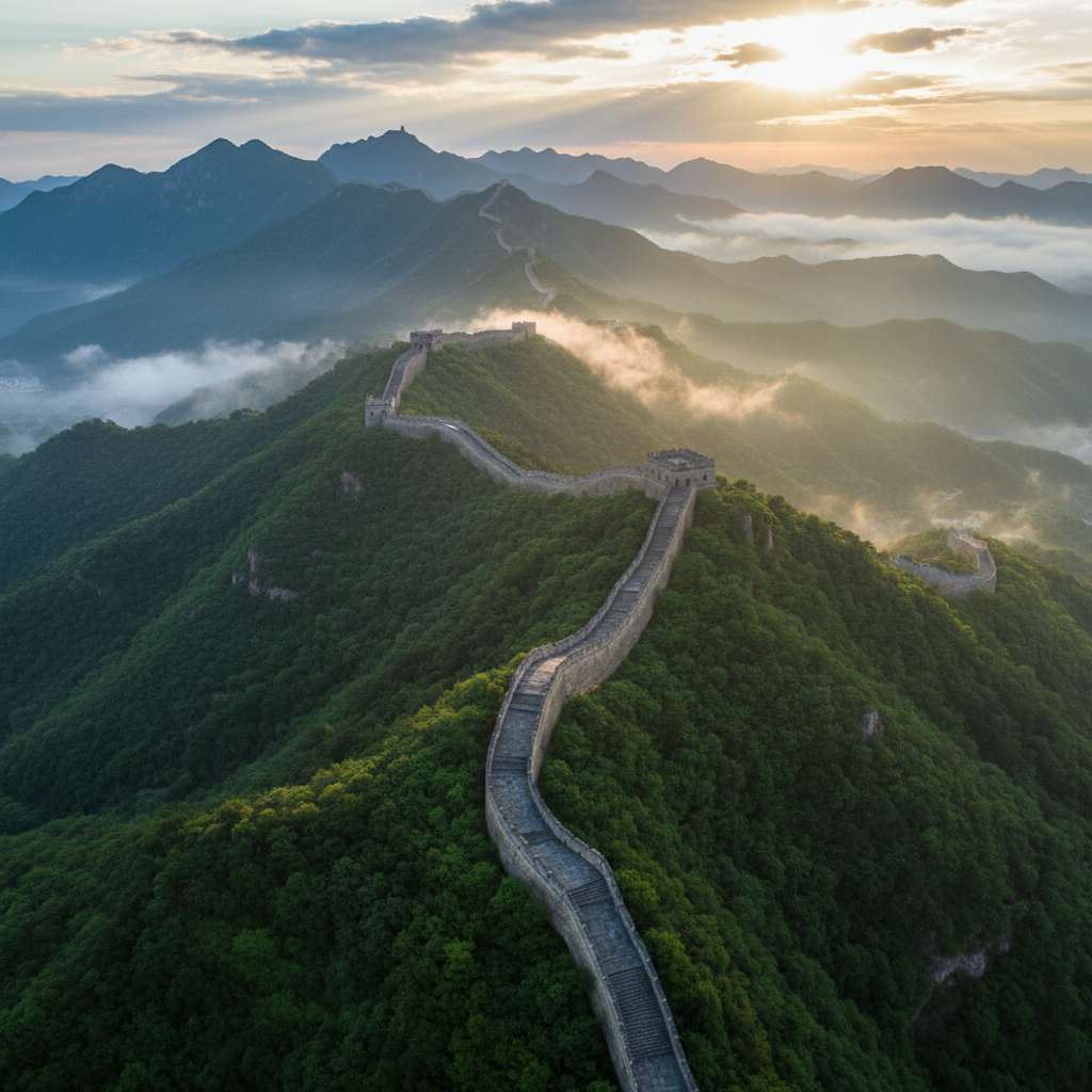 Aerial view of the Great Wall of China winding through lush green hills