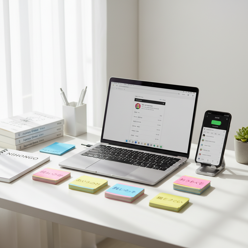 Modern desk setup with laptop, phone, and study materials for language learning