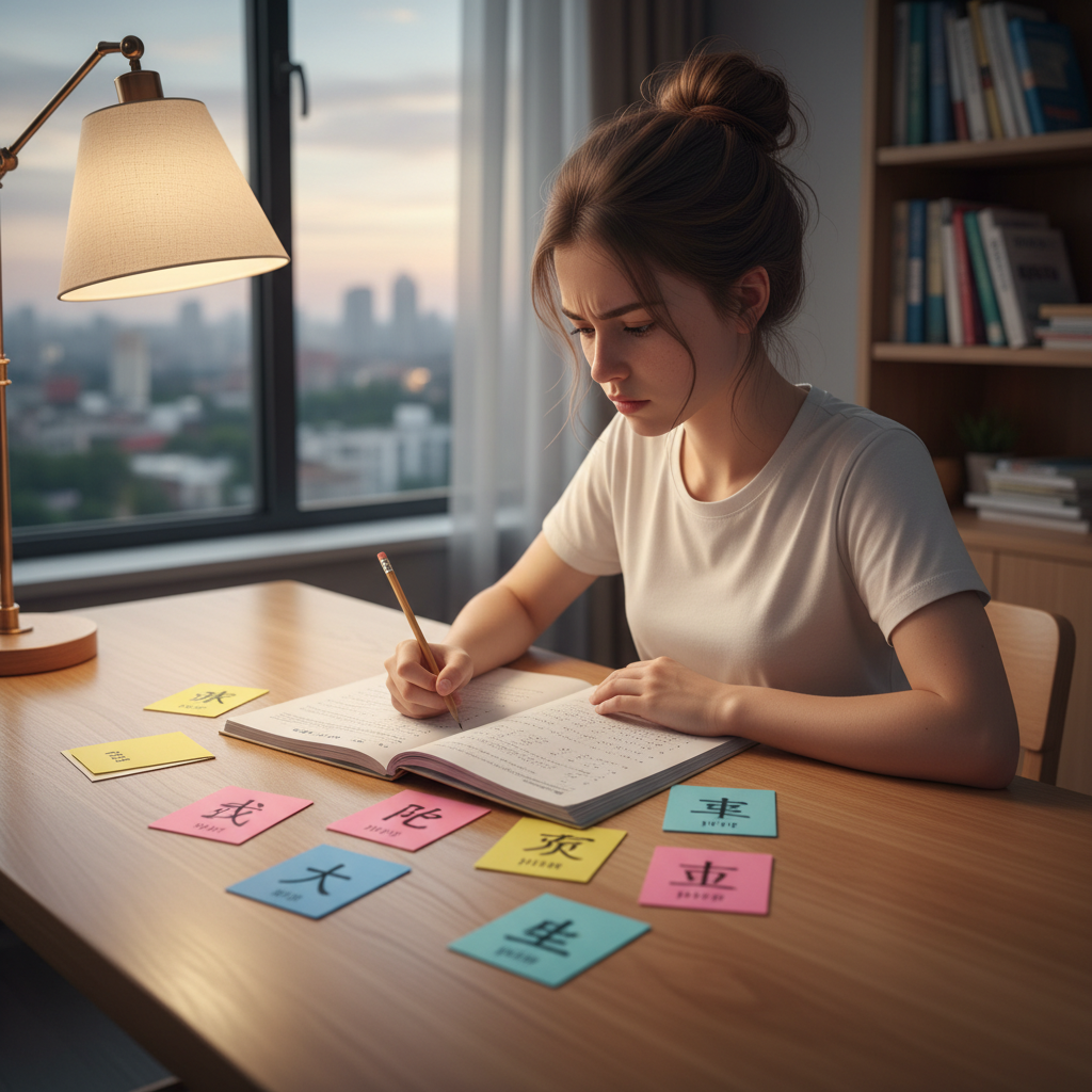 Student reviewing test materials at a study desk with focused determination