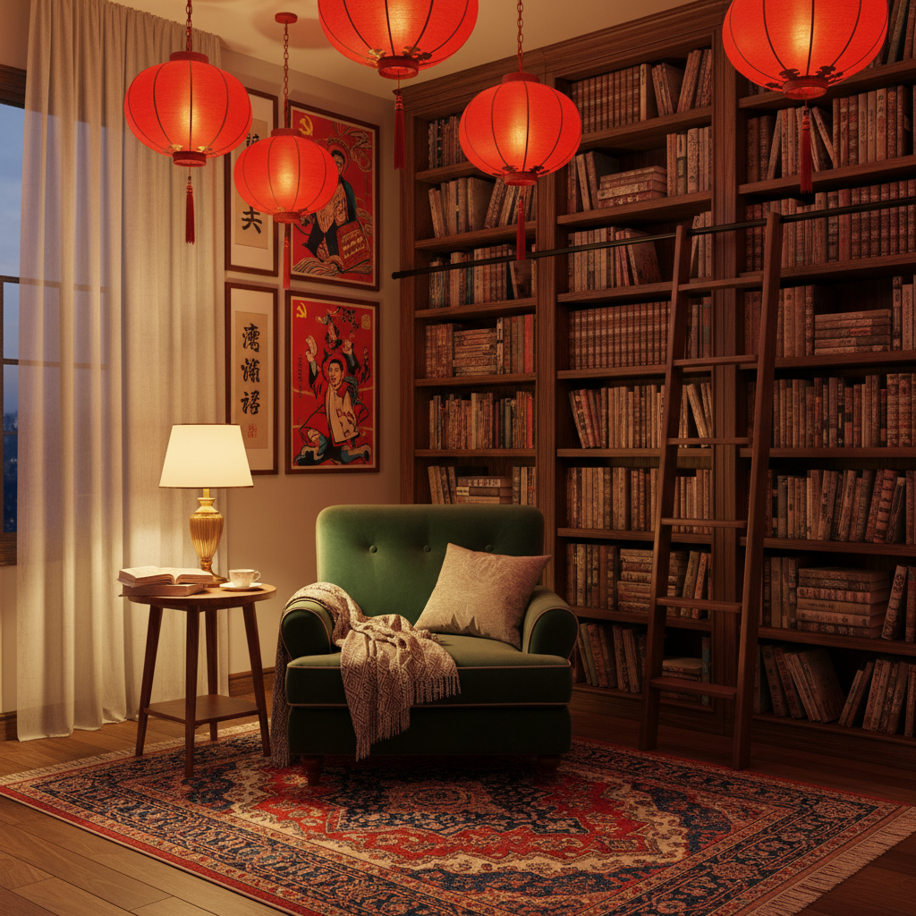 Cozy home study space with warm lighting and language learning materials