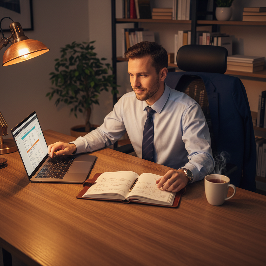 Professional at a desk transitioning from work to personal study time