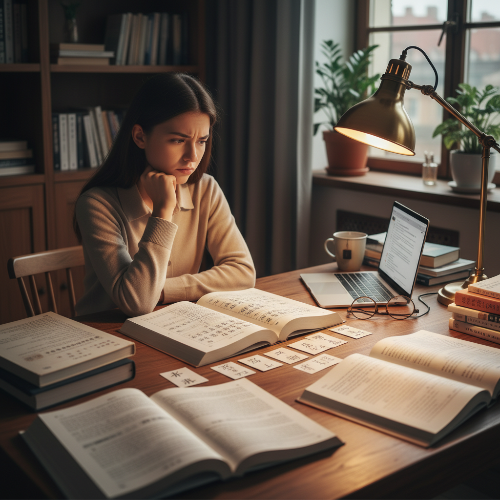 Student sitting in front of open textbooks looking confused while studying