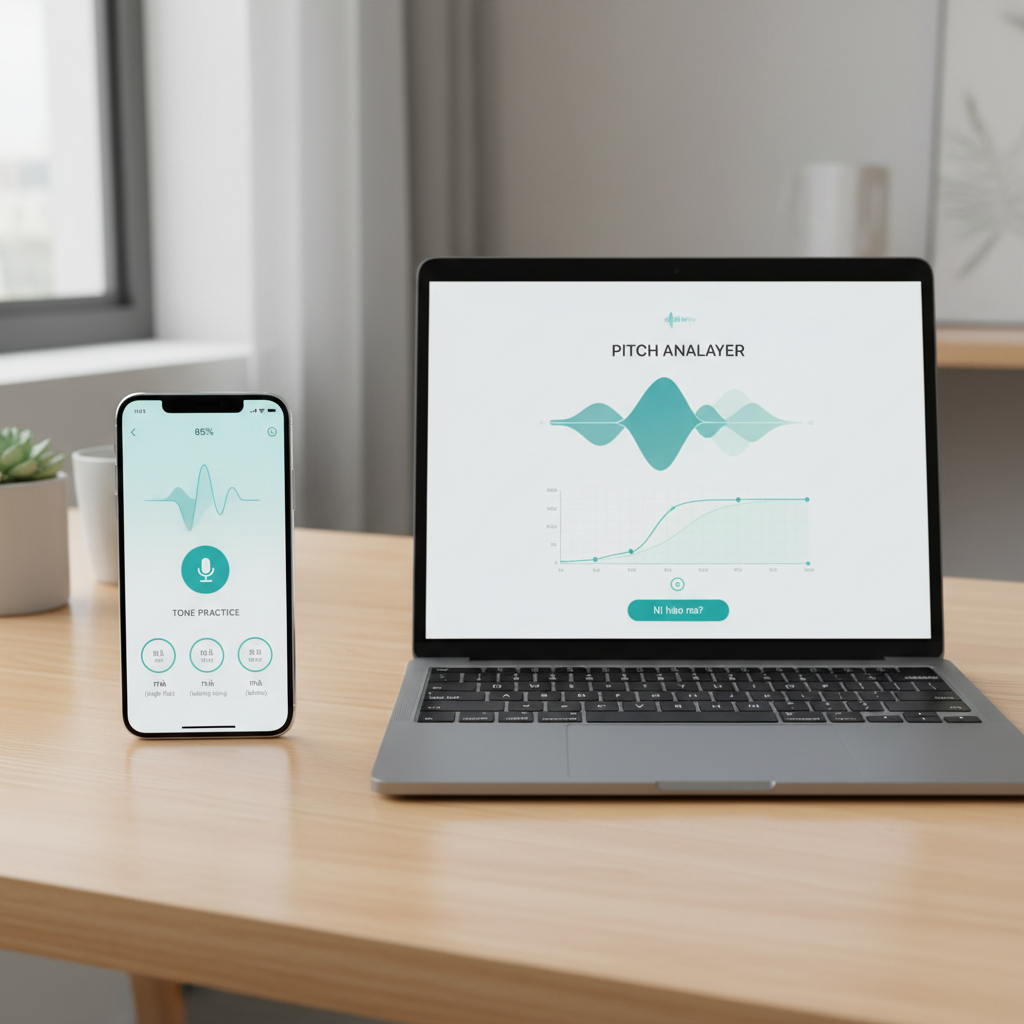 Smartphone and laptop displaying language learning applications on a desk