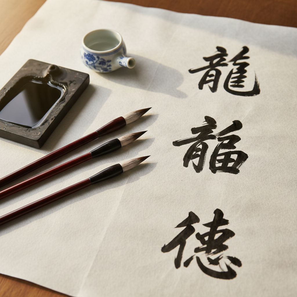 Chinese calligraphy brushes arranged on paper with handwritten characters