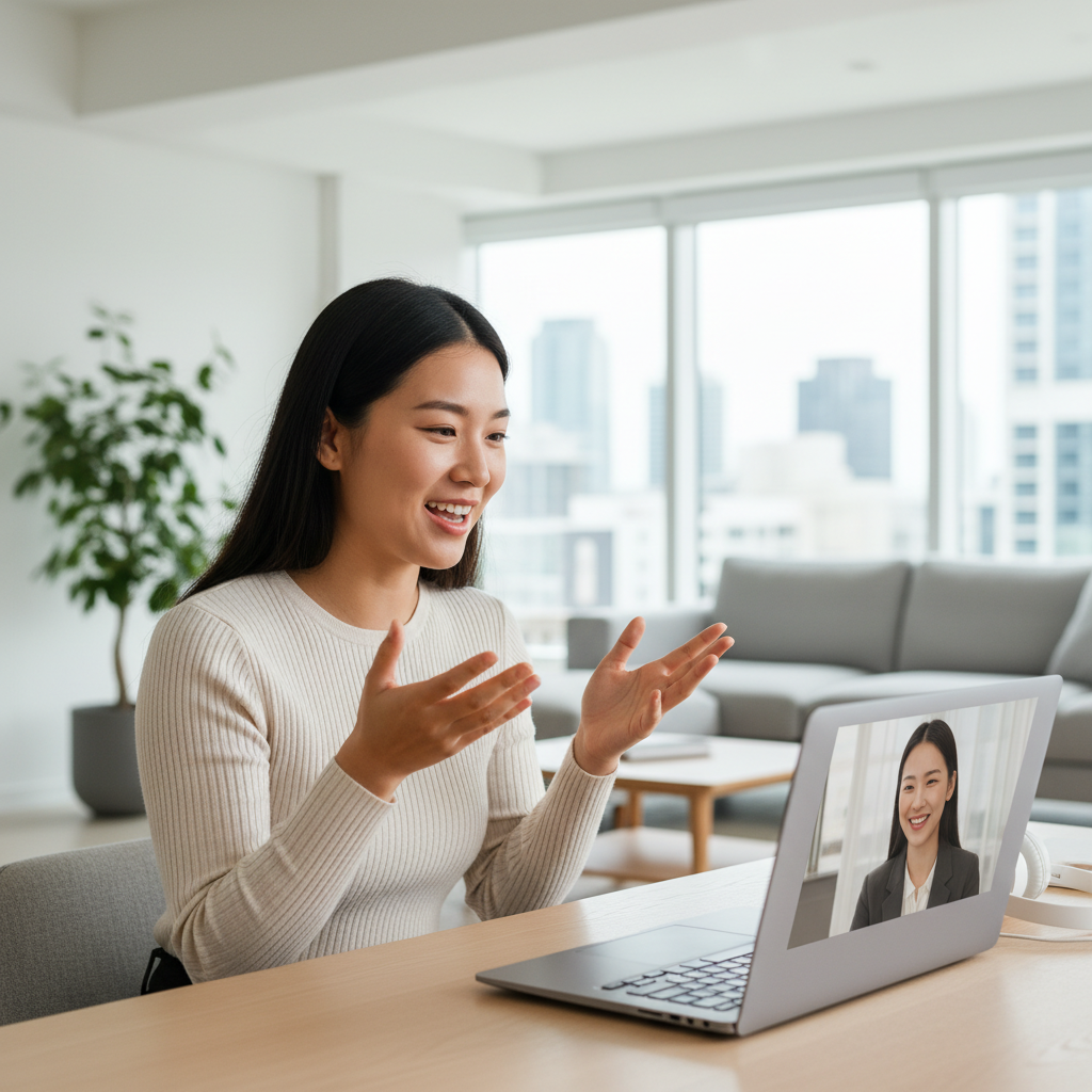 Person having a conversation confidently, focused on speaking rather than writing