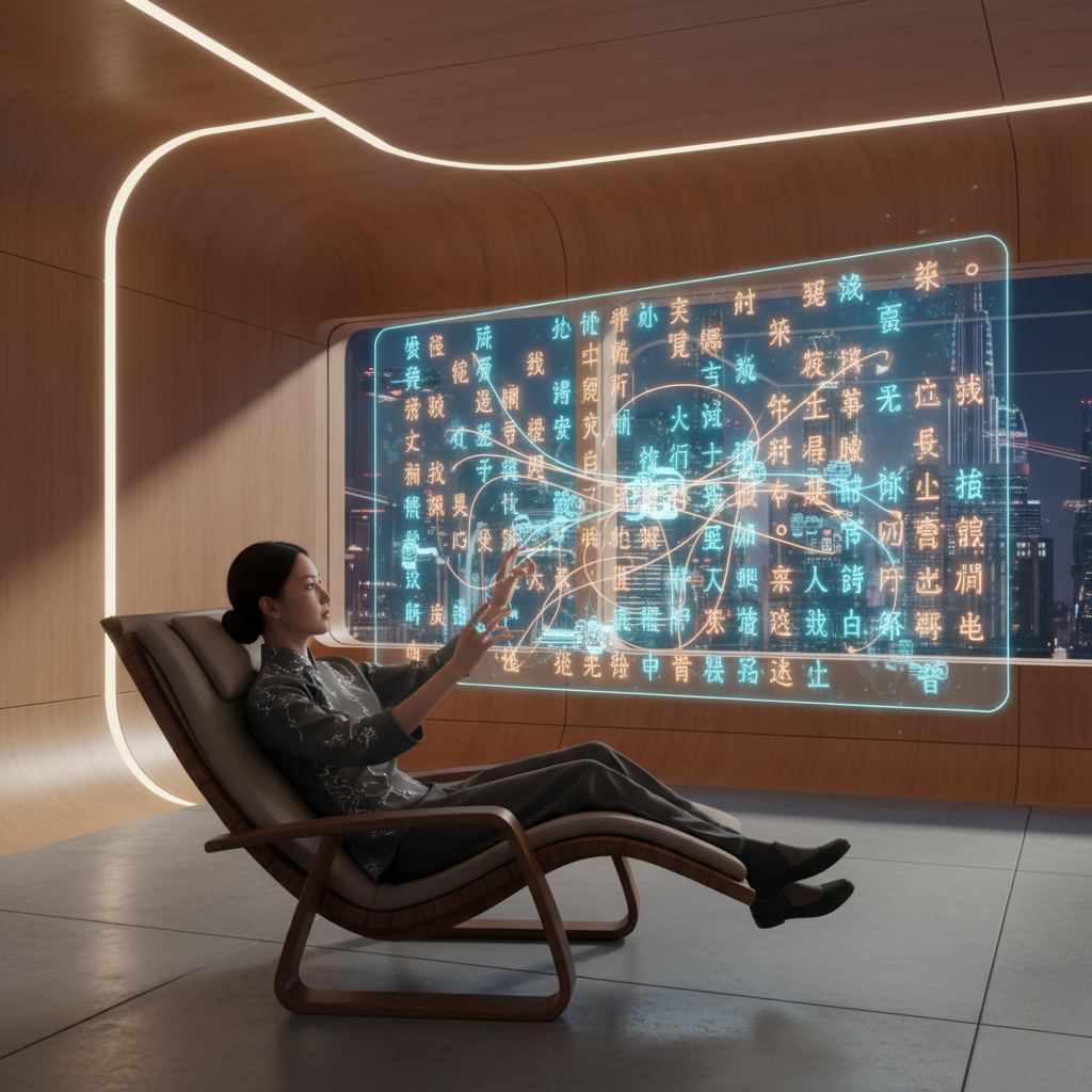 Futuristic visualization of AI-powered language learning with holographic Chinese characters
