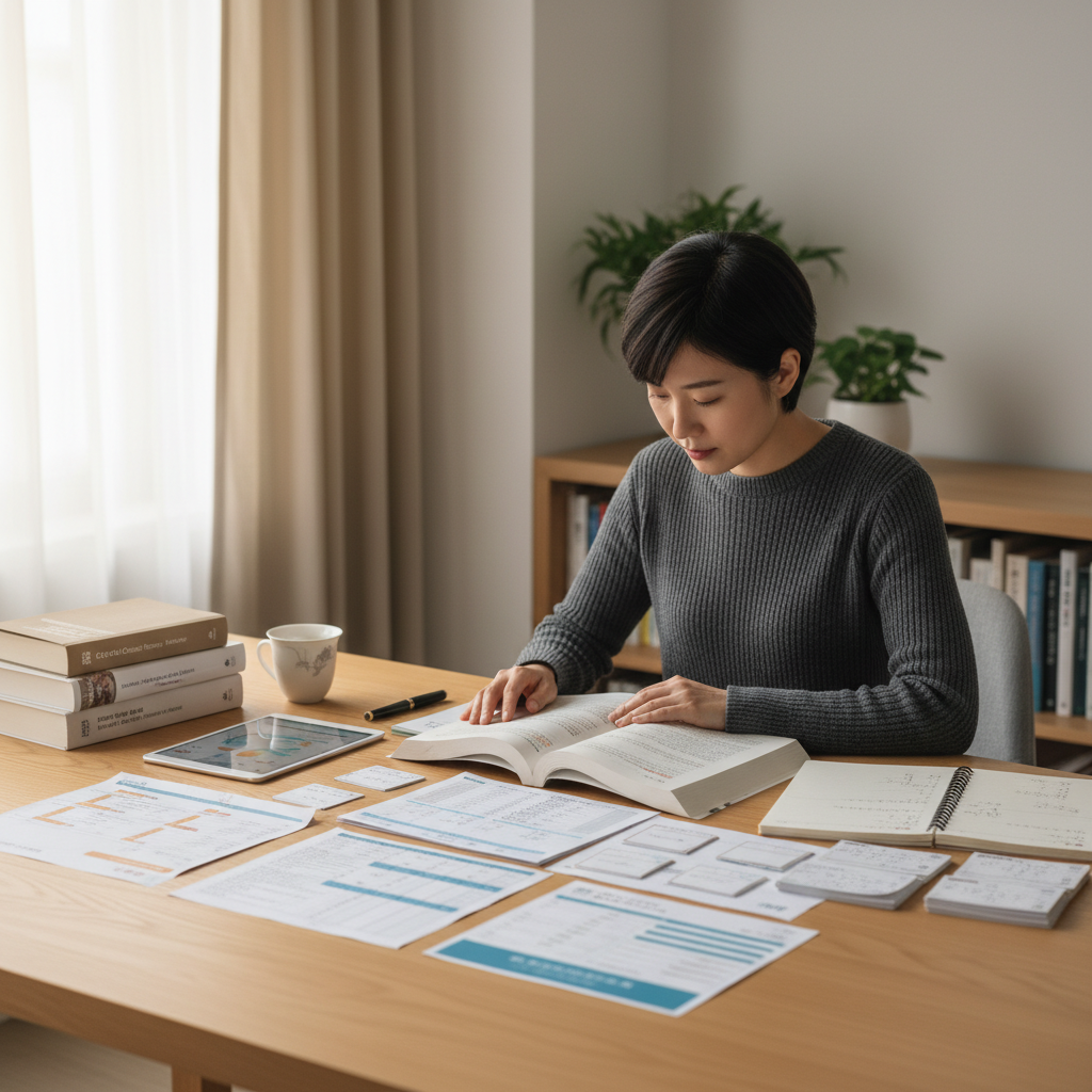 Focused professional at a desk with structured learning materials showing serious study intent