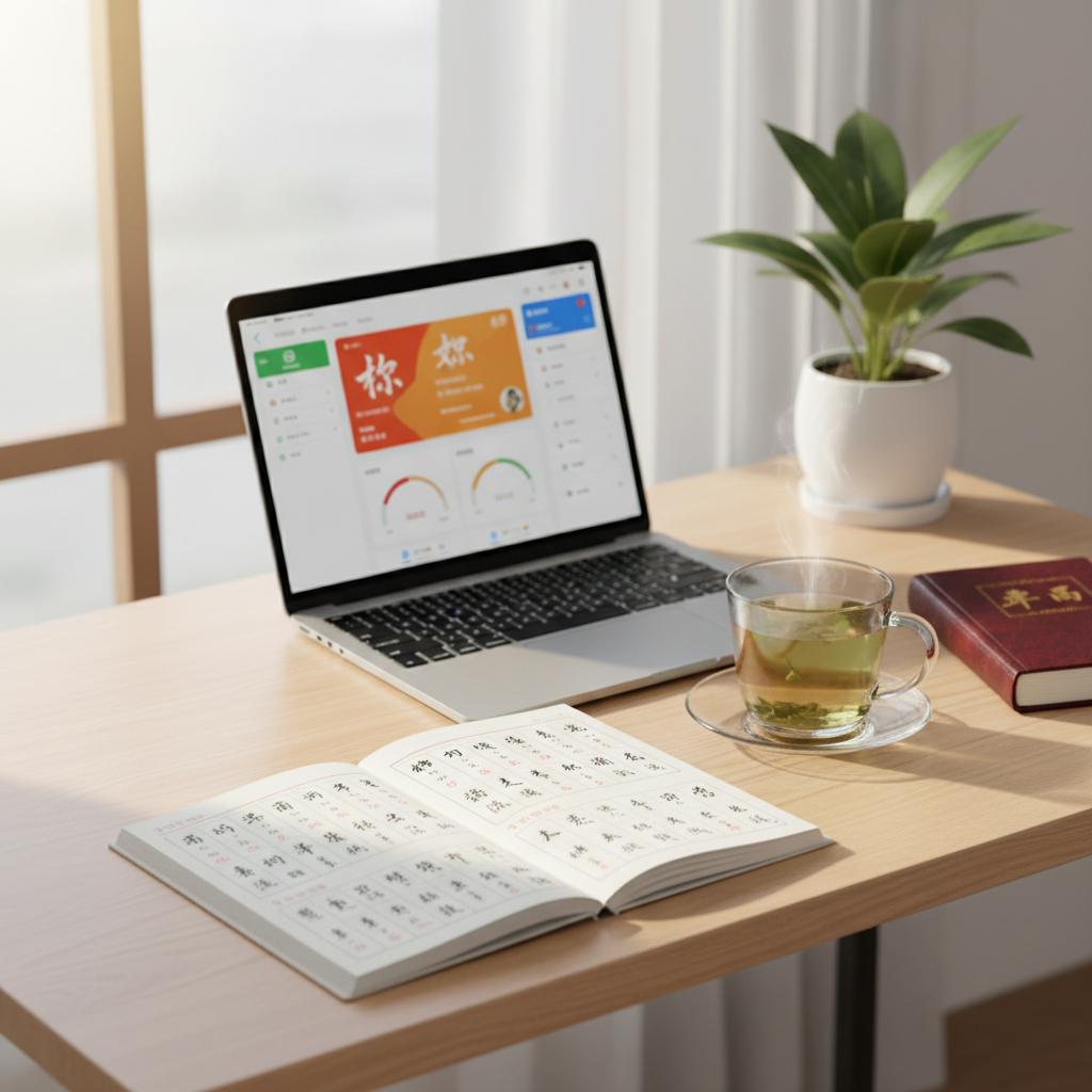 Organized desk with open notebook, books, and a mug in a modern study workspace