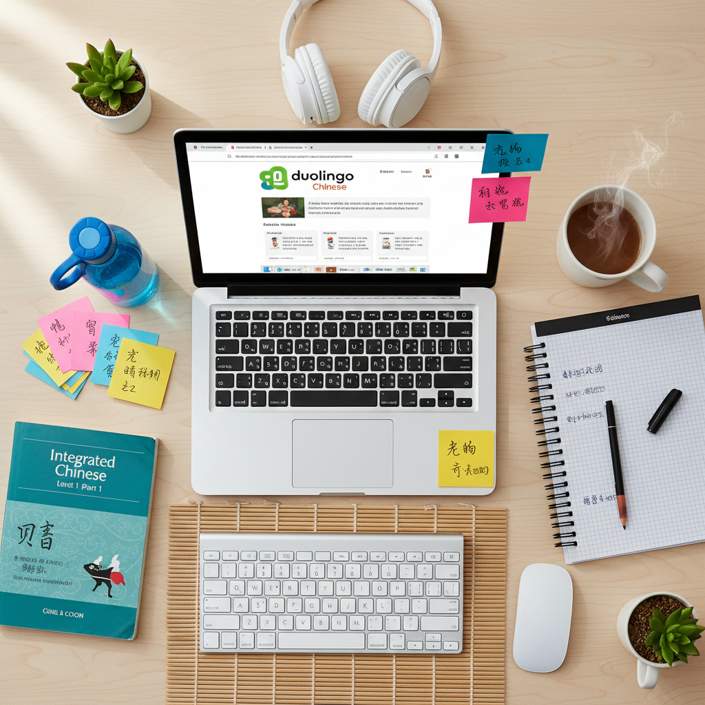 Organized study desk with free learning resources and a laptop open to an educational website